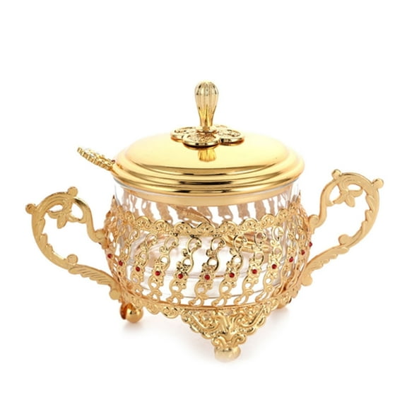 Glass Alloy Sugar Bowl with Lid Spoon Luxury Salt Pot Pepper Candy Seasoning Jar