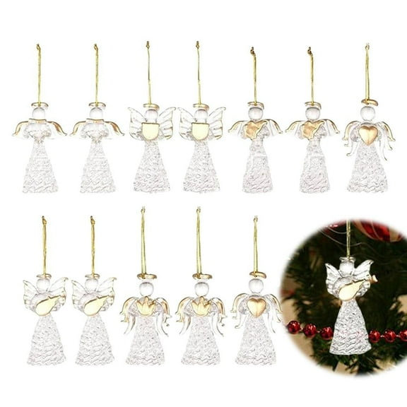 Glass Angel Ornaments, 12-Piece Set Clear Christmas Tree Decorations with Gold Tone Accents, Elegant Angel Figures for Holiday Wedding Baptism Memorial Gift