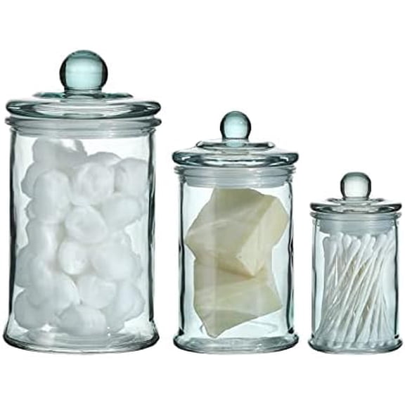 Glass Apothecary Jar | Bathroom Storage Organizer Canister (Set of 3, Blue)