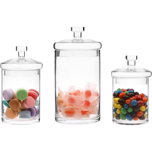 Glass Apothecary Jar Set with Clear Lid - Decorative Kitchen and Bath Storage Canisters, Wedding Centerpiece Jars, Candy Buffet with Lids
