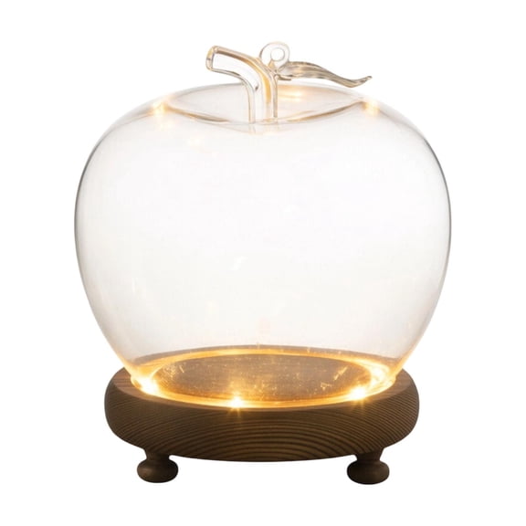 Glass Apple Case with Wooden Base, Transparent Apple Shaped Display Dome, Glowing Base Cloche for Flowers Rings Mini Keepsakes, Valentine's Day Gift Decor, 5.31"