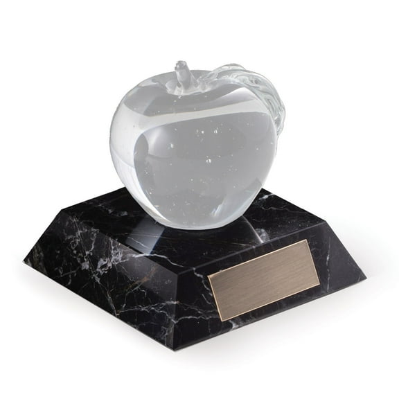 Glass Apple Paperweight on Black "Zebra" Marble.