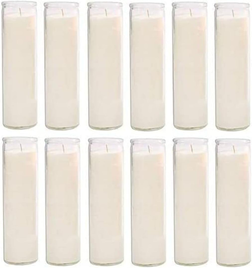 White Glass Jar Religious Candles, 8" - Pack of 12