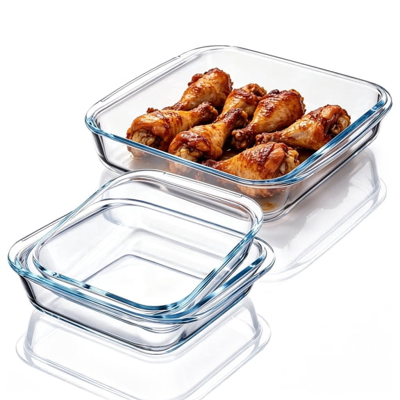 Vesteel 3-Piece Glass Baking Dish Set, Square Baking Tray with Handles, Non-Stick Glass Bakeware Set Kitchen Casserole Dishes for Prepping and Baking, Heat-Resistant & Oven Freezer Dishwasher Safe