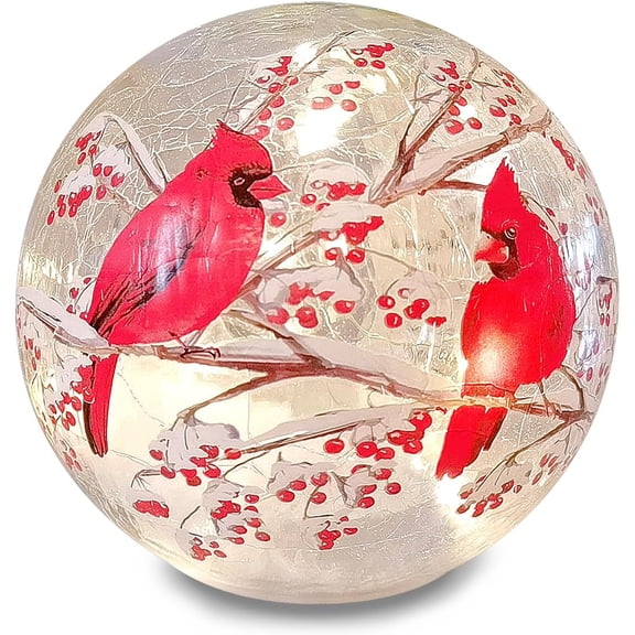 Glass Ball Light Crackle LED Night Light Red Bird Pattern Battery Operated Light Tabletop Decorative Sphere Lamp LED Orb Table Lamp for Outdoor Living-Room Pathway Patio Yard Lawn Bedroom