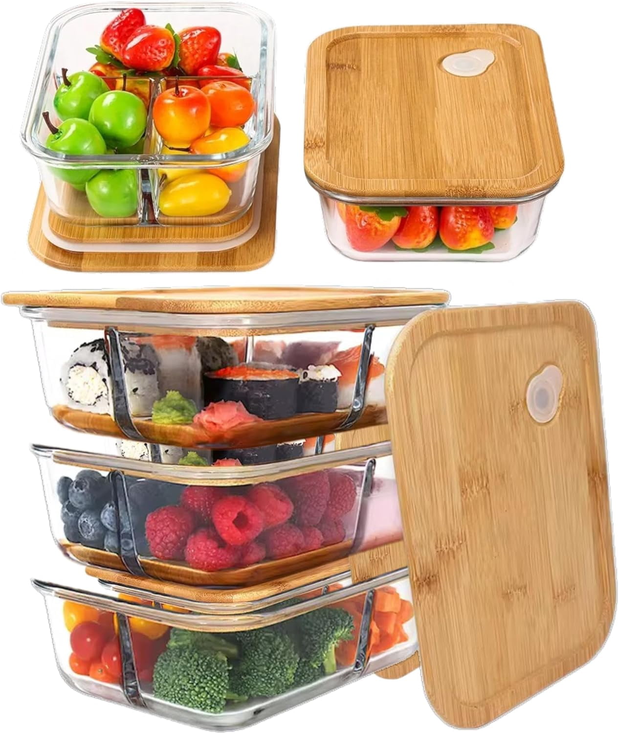 Kitchen Boxes Glass Bamboo Lids Meal Prep Containers Food Storage Pantry Kitchen ...