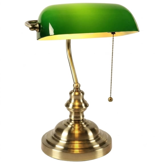 Glass Bankers Desk Lamp with Pull Chain Switch Plug in Fixture (Green)