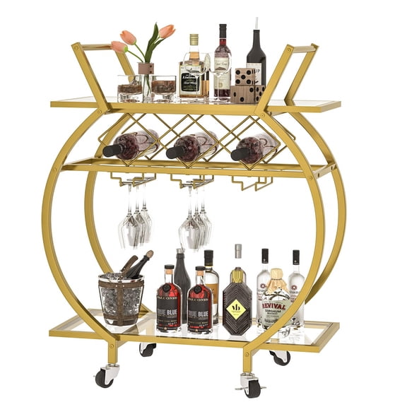 Glass Bar Carts 2 Tiers Rolling Home Serving Cart with Wine Rack and Wheels,Modern Metal Round Wine Cart with Glass,Industrial Mobile Storage Kitchen Trolley for Kitchen, Bar, Living Room