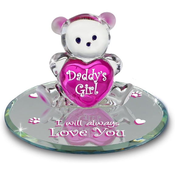 Glass Baron Daddys Girl Bear Glass Figurine, Hand Blown & Sculpted with Airbrushed Glass, Beveled Mirror Base