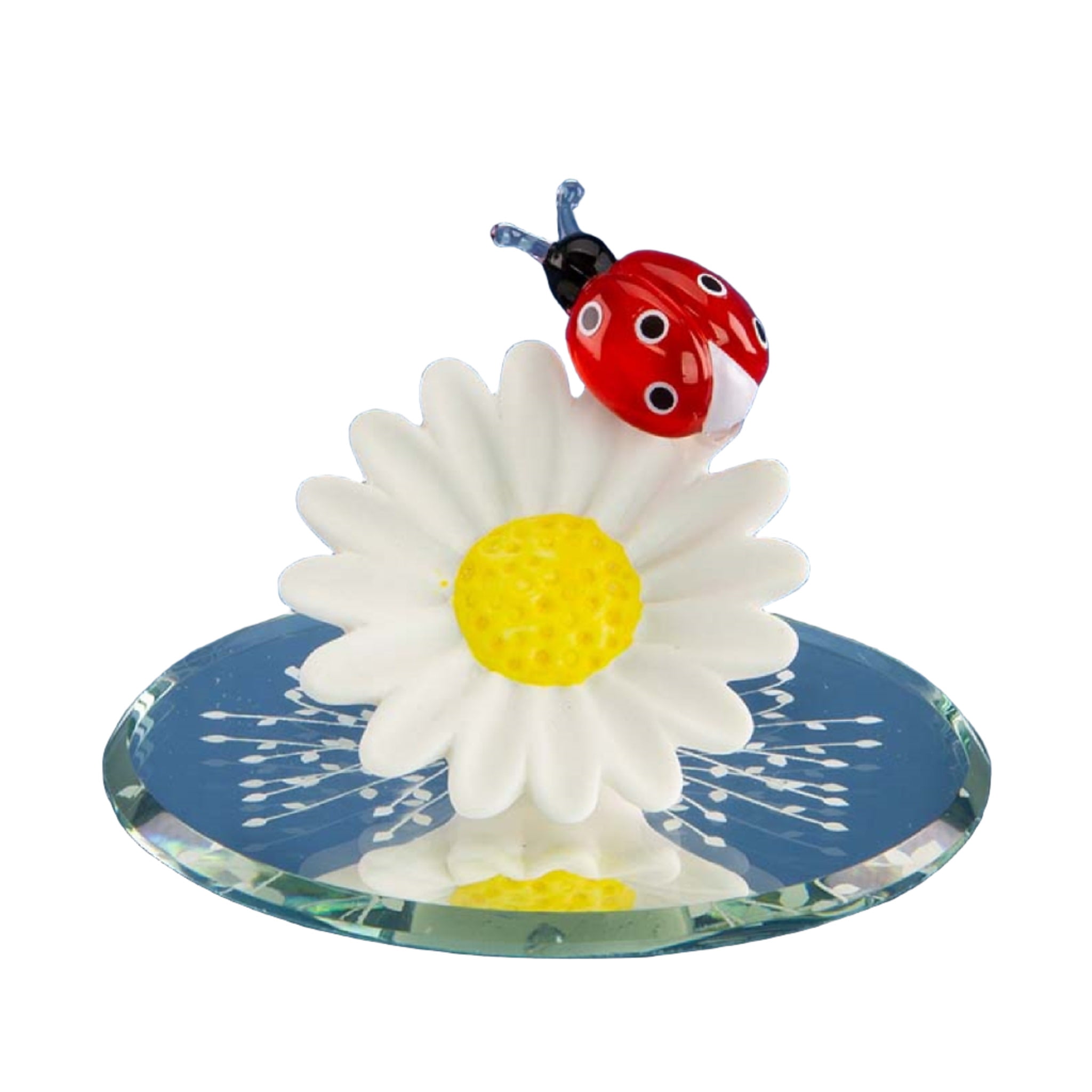 Handcrafted Glass Ladybug on Daisy Figurine with Mirror Base