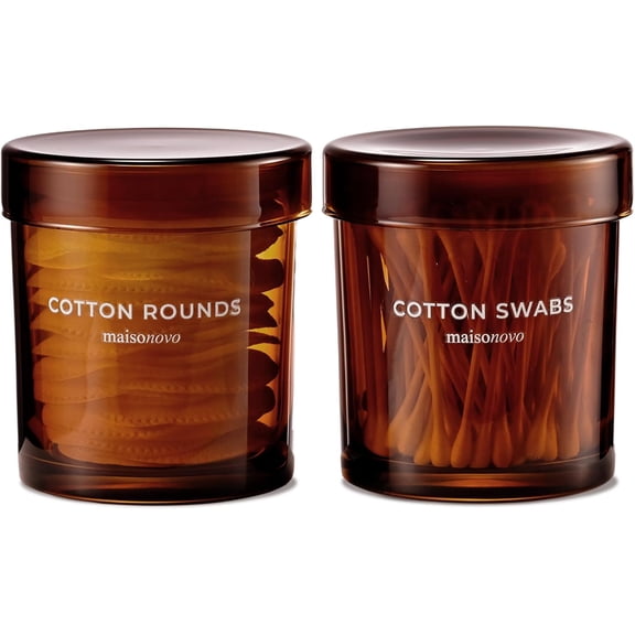 Glass Bathroom Containers with Lids (Airtight) - Qtip Holder - Apothecary Jars for Cotton Rounds, Swabs, Balls, Pads - Amber Q Tip Dispenser - 2 pcs Bathroom Canisters Set for Organization