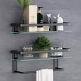 thumbnail image 1 of Sofinny 2 Tier Glass Shelf for Bathroom Wall Mounted, 15.7in Aluminum Floating Shelves with Towel Bar, No Drilling, 8mm Thick Tempered Glass (Black), 1 of 7