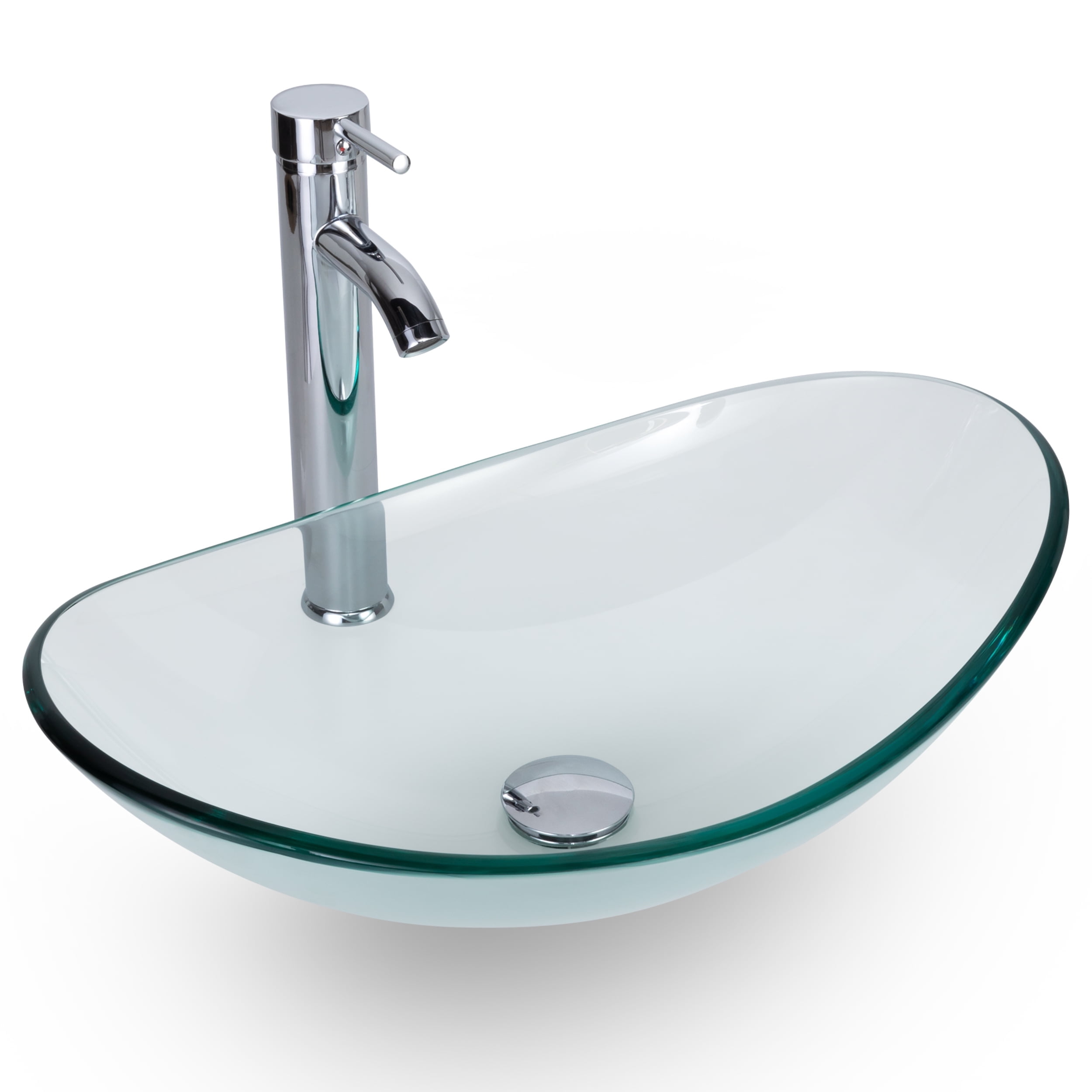 Okeysen Tempered Glass Bathroom Vessel Sink, Boat Shape Bowl Basin, 16.5 in