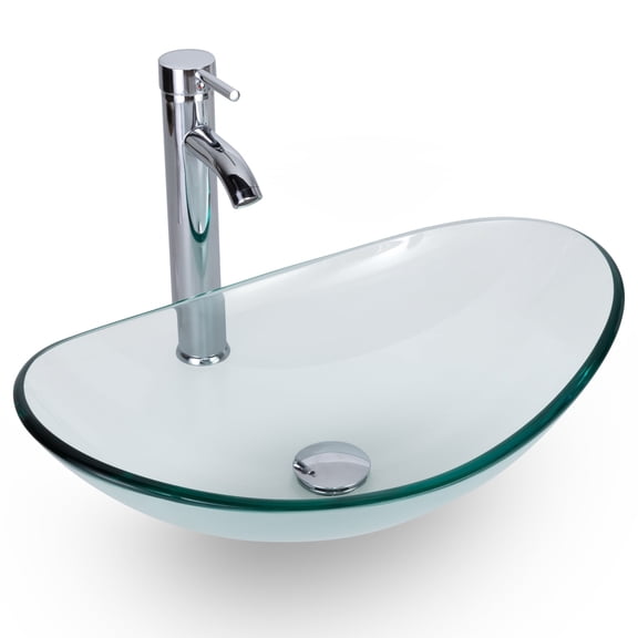Okeysen Tempered Glass Bathroom Vessel Sink, Boat Shape Bowl Basin, 16.5 in