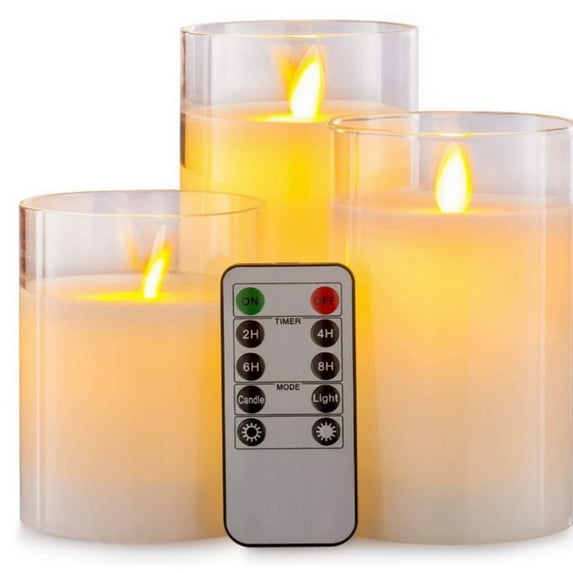Glass Battery Operated LED Flameless Candles with Remote and Timer, Real Wax Candles Warm Color Flickering Light for Festival Wedding Home Party Decor(Pack of 3)-Clear