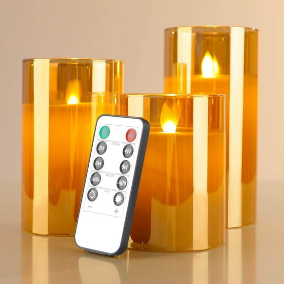 Glass Battery Operated LED Flameless Candles with Remote and Timer, Real Wax Candles Warm Color Flickering Light for Festival Wedding Home Party Decor(Pack of 3)-Gold