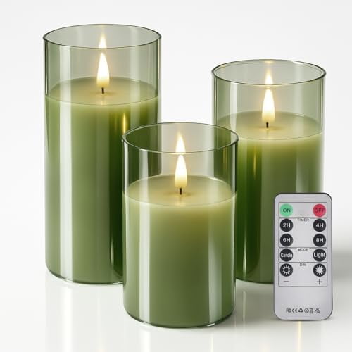 Glass Battery Operated LED Flameless Candles with Remote and Timer, Real Wax Candles Warm Color Flickering Light for Festival Wedding Home Party Decor(Pack of 3)-Green