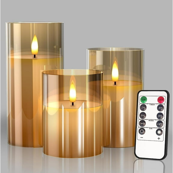 Glass Battery Operated LED Flameless Candles with Remote and Timer, Real Wax Candles Warm Color Flickering Light for Festival Wedding Home Party Decor(Pack of 3)