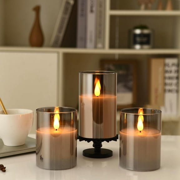 Glass Battery Operated LED Flameless Candles, Set of 2, D 3" x H 4", Real Wax Pillar Flickering Candles with Remote and Timer, Electronic Candle with 3D Wick for Festival Home Party Decor Grey
