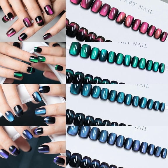 Kanstar Reusable Long Oval ABS Press-On Nails Set, Multicolor Cat Eye, 96 Pieces