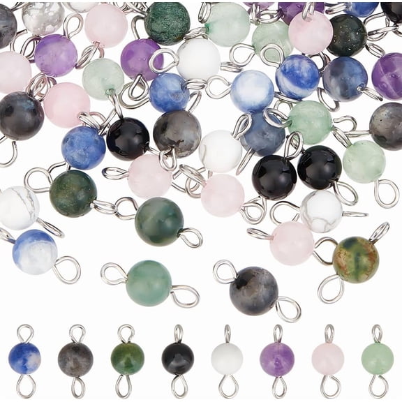 Glass Bead Charms Double Loop Round Connector Gemstone Beads Round Link Charms Bulk Colorful Pendants for DIY Jewelry Making