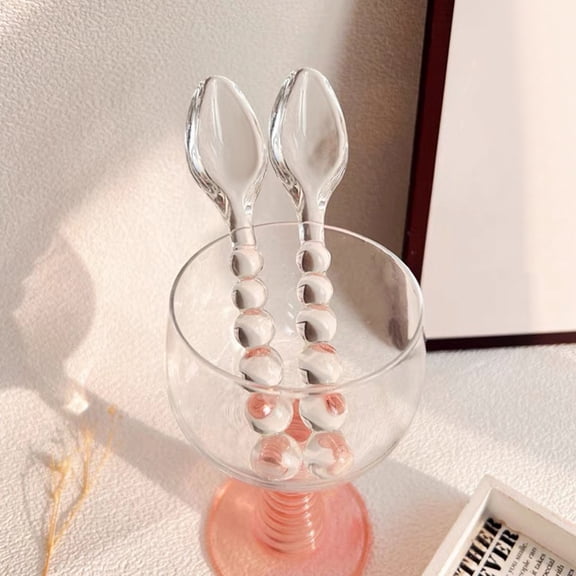 Glass Bead Glass Tableware Spoon Fork | Transparent Glass Utensil Set | Clear Durable Dining Tool for Kitchen Home | Elegant Beaded Design | 13.5x3cm Single Piece