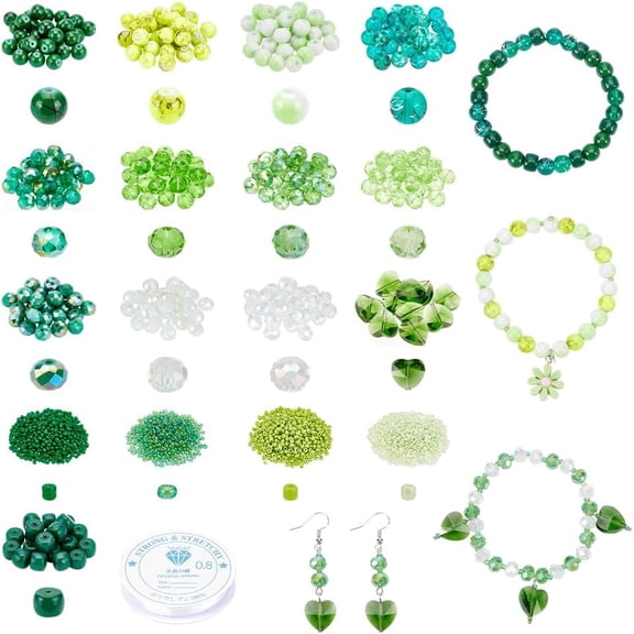 Glass Bead Kit Including Round/Rondelle/Column/Heart Glass Beads Seed Beads and Elastic Thread for DIY Craft Bracelet Jewelry Making Green