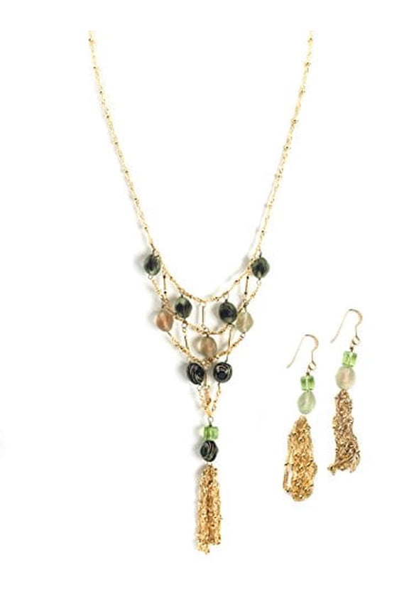 Handcrafted Glass Bead Tassel Necklace and Earring Set - 30 Inch Long Statement Jewelry Necklace Earring Gold