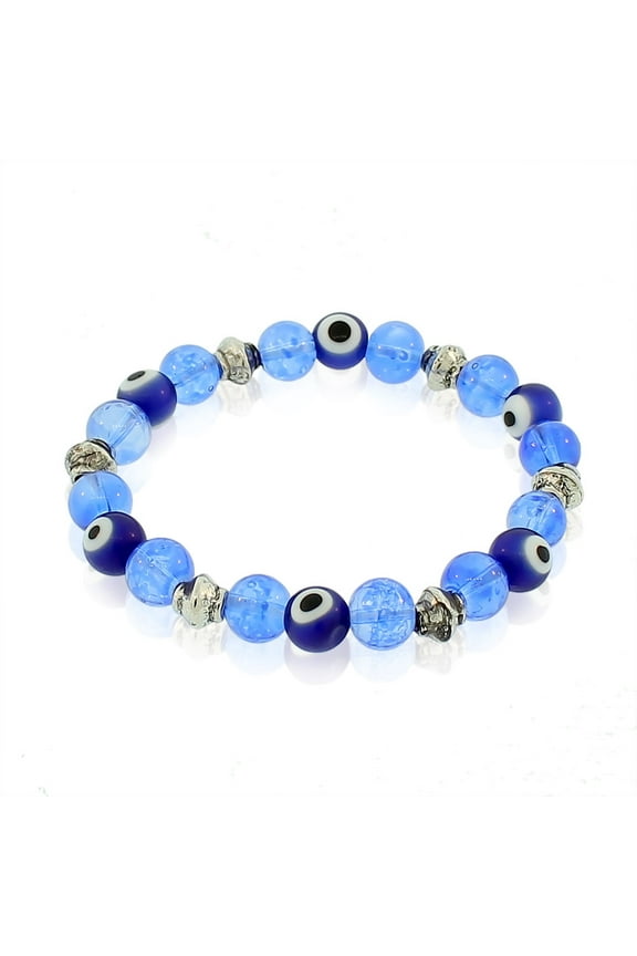 Glass Beaded Dark Light Blue Evil Eye Protection Stretch Bangle Bracelet