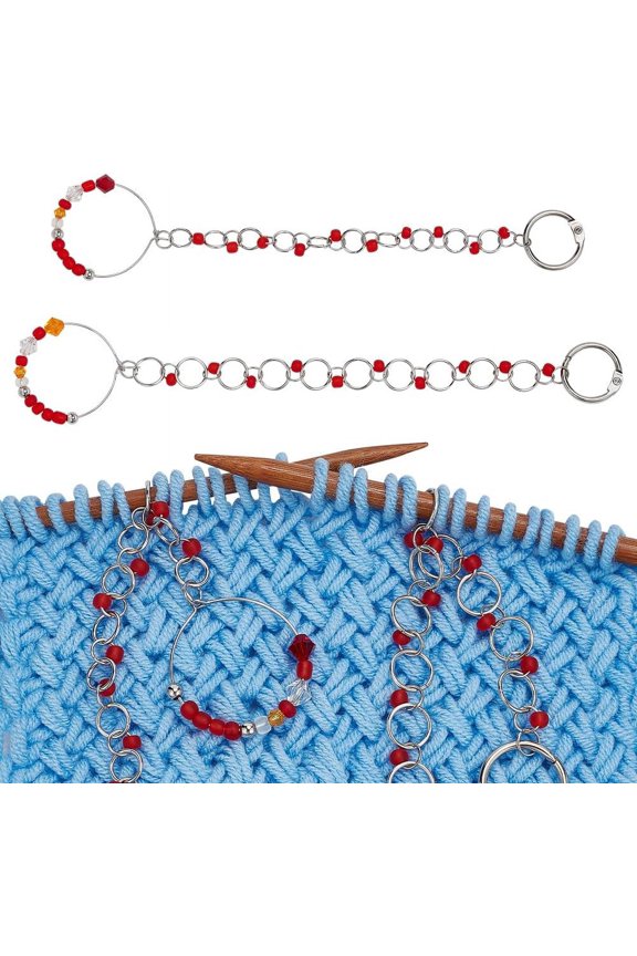 Glass Beaded Knitting Row Counter Chains with Iron Linking Ring & Brass Hoop Pendants Red