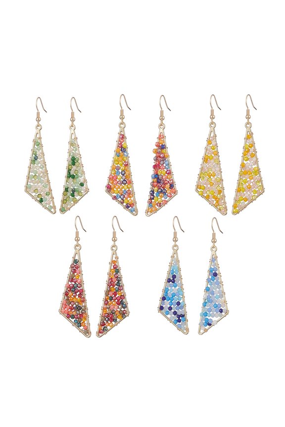 Glass Beaded Triangle Dangle Earrings Golden 304 Stainless Steel Wire Wrap Jewelry for Women Mixed Color 74mm Pin: 0.7mm