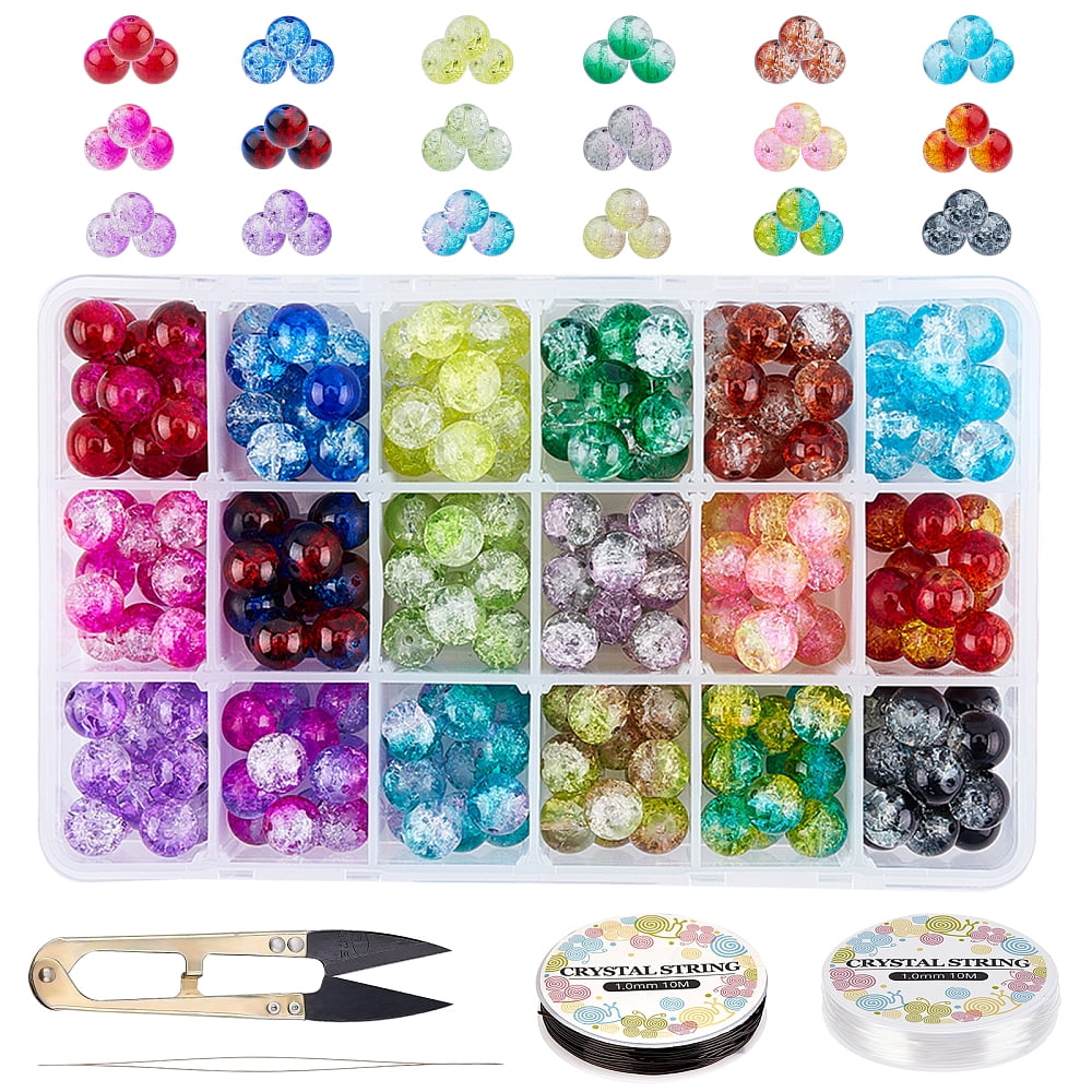 Glass Beads 18 Colors 10mm Beads 270pcs with Scissors Elastic Thread Beading Needles for Necklace Bracelet Earring Jewelry Making DIY