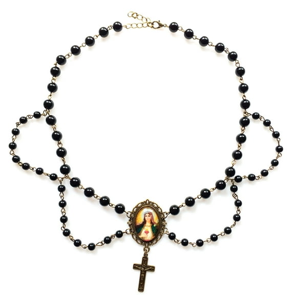 Glass Beads Black Rosary Catholic Necklace Prayer Miraculous Medal for Cross Holy Religious Jewelry Gifts for Women Men
