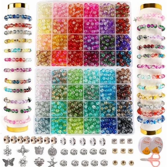 Glass Beads Bracelet Making Kit,1350PCS 48 Colors 8mm Crackle Glass Beads for Making, Glass Round Beads Friendship Bracelet kit for DIY Crafts Gifts