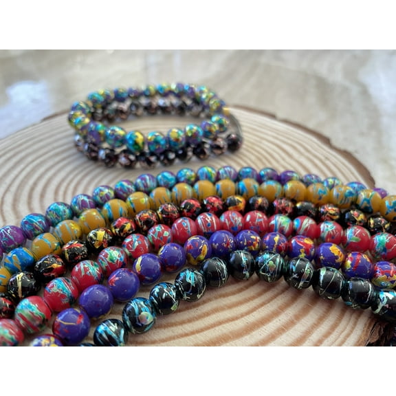 Glass Beads For Bracelets, DIY Jewelry Making Supplies, Splash Pattern 6 Colors Asst, Gift for Beader, 8mm, 300 pcs