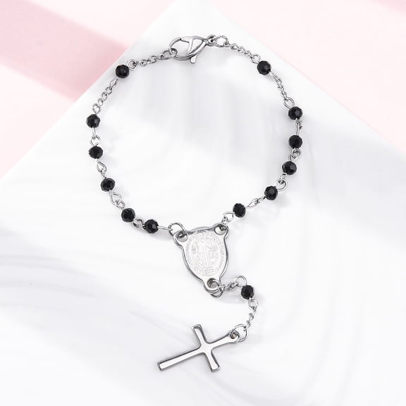Glass Beads Rosary Bracelets 304 Stainless Steel & Oval with Saint Charms Bracelets with 201 Stainless Steel Findings Black 6-1/2 inch(16.5cm)