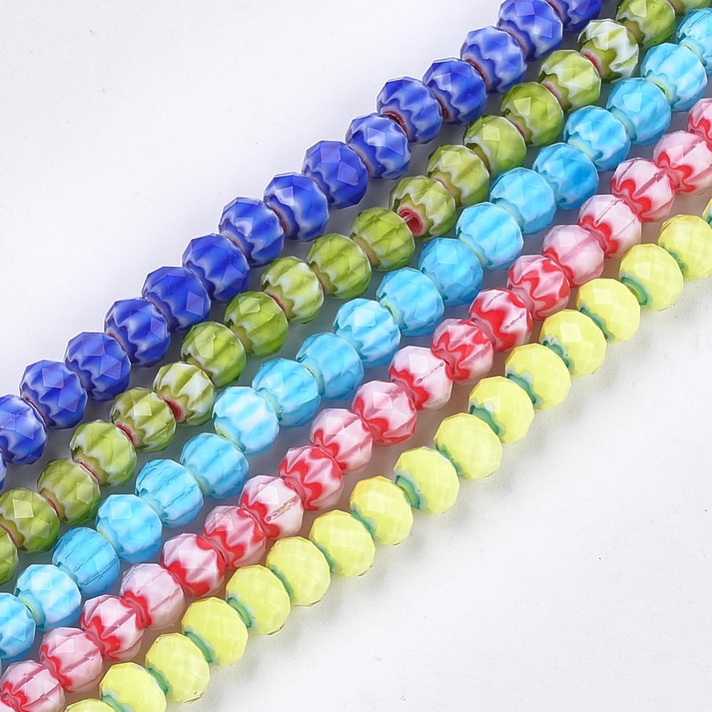 Glass Beads Strands Faceted Rondelle with Flower Mixed Color 7.5~8x5.5mm Hole: 1~1.5mm about 74pcs/strand 16.1 inch