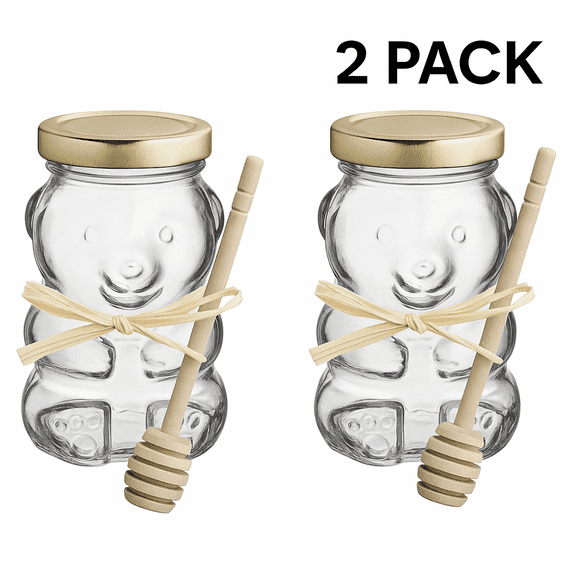 Glass Bear Honey Jars with Gold Lids & Wooden Dippers  8 oz Reusable Jar  Pack of 2 for Honey, Candy, Gifts, Party Favors, DIY Projects -VALLARY