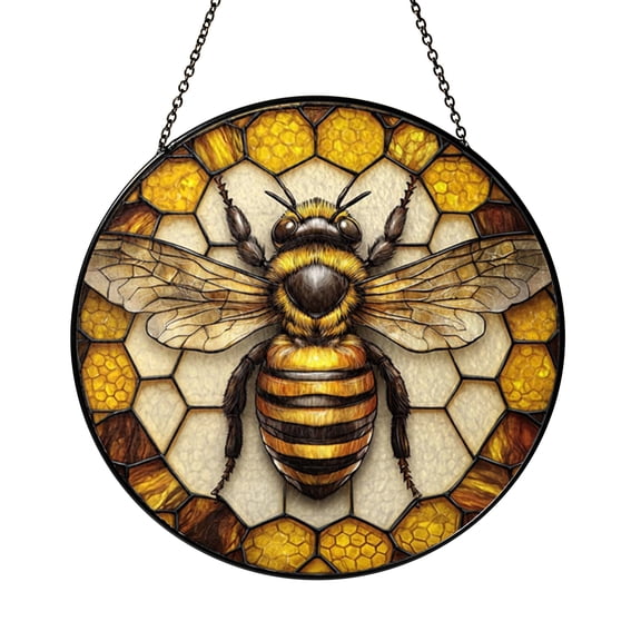 Glass Bee Honeycomb Suncatcher Window Hanging, Bright Botanical Home Window Decor