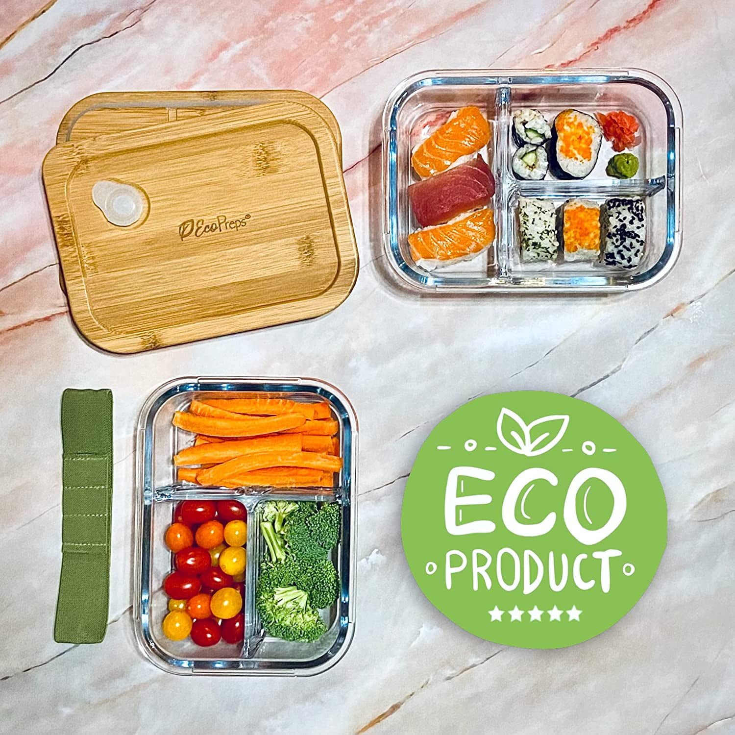 Glass Bento Box Containers with Bamboo Lids, 3 Compartment Set