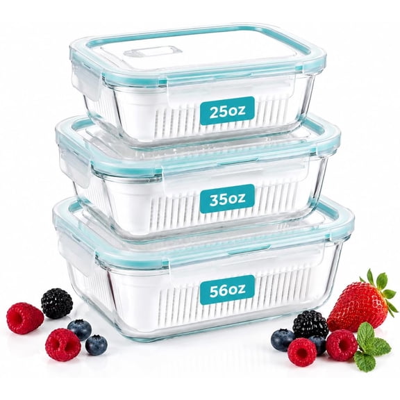 Glass Berry Container for Fridge, 3 Pack, 56oz 35oz 25oz, with Removable Colander and Vent Valve, Fresh Produce Storage Set