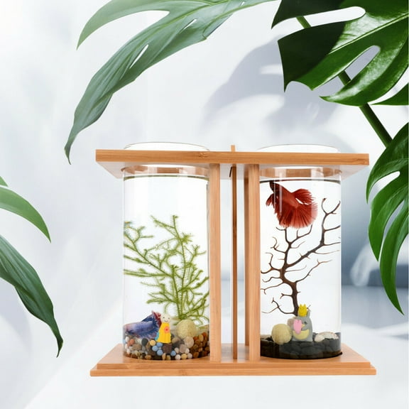 Glass Betta Fish Tank Bamboo Base Mini Aquarium Desktop Decoration Fish Tank