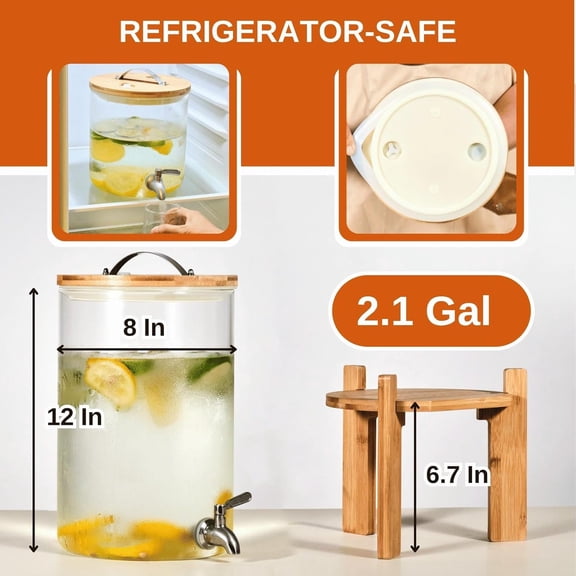 Glass Beverage Dispenser with Bamboo Stand and Lid, Iced 2.1 Gallon Drink Server with Spigot, Large Thick Glass Drink Dispenser for Parties, Hotels, Restaurants, Homes