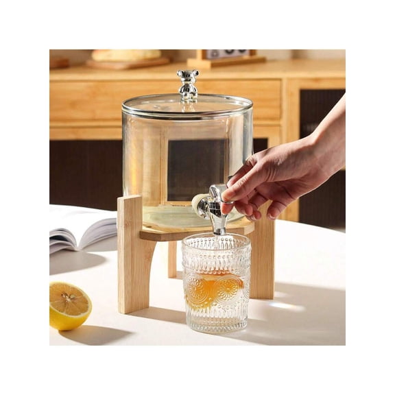 Glass Beverage Dispenser with Wooden Stand, 1 Gallon Drink Server for Parties and Weddings, Cocktail Dispenser with 2 Interchangeable Faucets, 3.9L Cold Liquid Jug for Bar and Home
