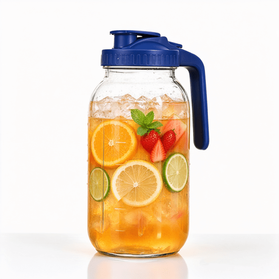 Glass Mason Jar Pitcher with Handle and Flip Cap, 64 oz Wide Mouth Water Pitcher, Airtight Leak Proof, Juice, Milk, Tea, Iced Coffee, and Drinks, Blue