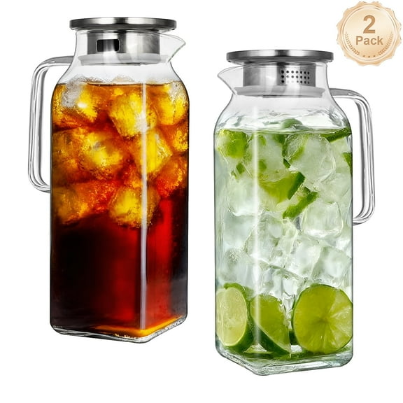 Soulgenix 2L Glass Pitcher, Square Glass Carafe with Stainless Steel Lid, 68 oz Carafe for Water, Juice, Iced Tea, Coffee, 2Pack