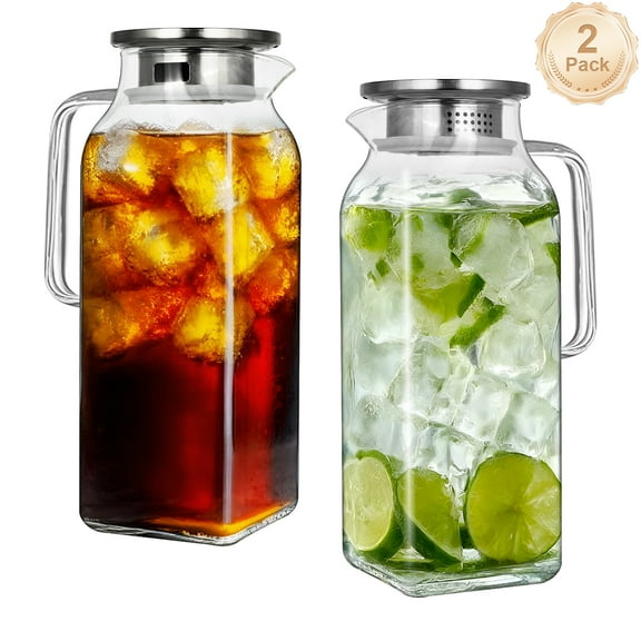 Soulgenix 2L Glass Pitcher, Square Glass Carafe with Stainless Steel Lid, 68 oz Carafe for Water, Juice, Iced Tea, Coffee, 2Pack