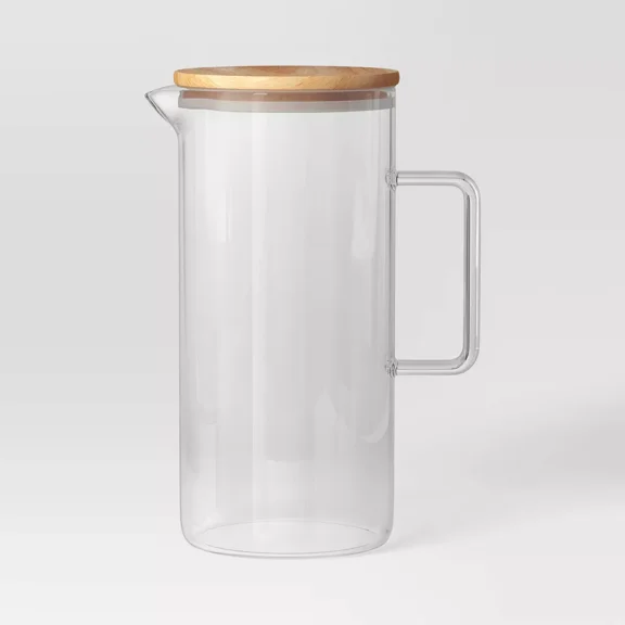 Glass Beverage Pitcher with Wood Lid