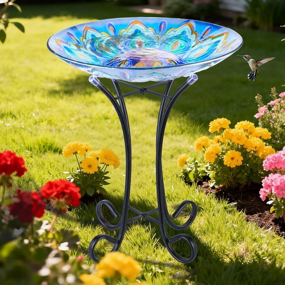 Glass Bird Bath Outdoor with Metal Stand for Lawn Yard Garden Decor Solar Large BirdBath Peacock Bird Feeder
