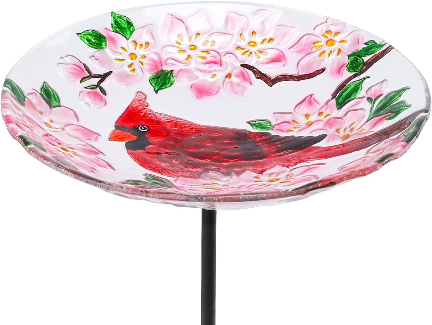 Glass Bird Baths For Outdoors - Cardinal And Flower  Bird Water Bowl Birdfeeders Stake For Outside, Garden, Lawn Yard Decor